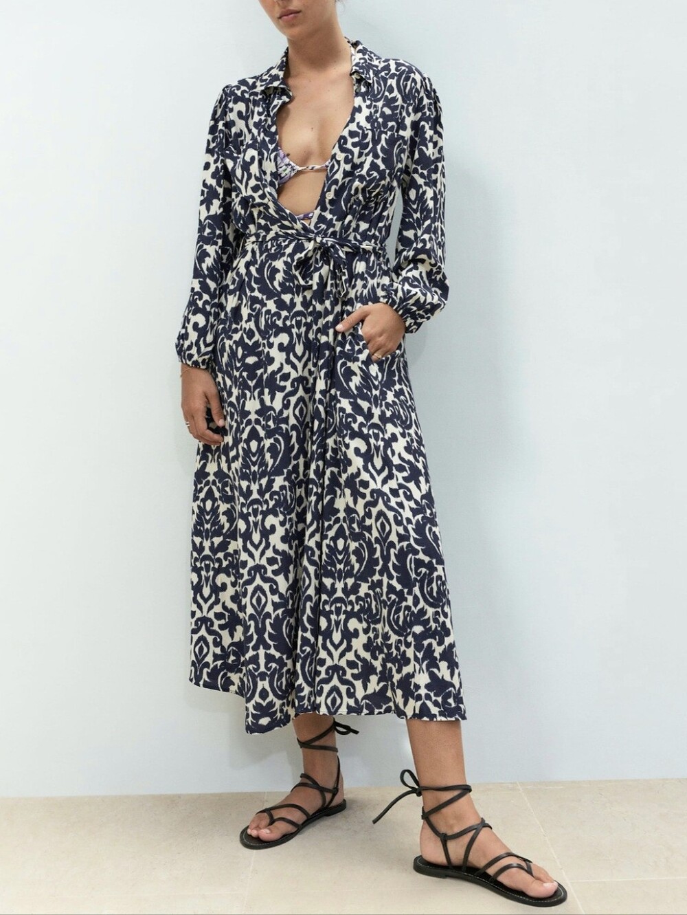 Zara Emilie Belted Midi Shirt Dress Navy blue White Damask XXL Boho Long Sleeve